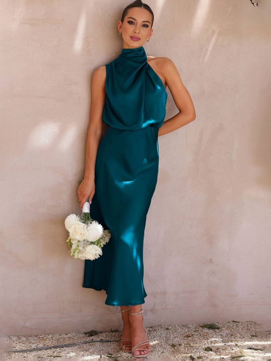 Drune | Lange Satin Brautjungfernkleid Unregelmäßiger Rollkragen Halsband Ärmless Elegant Abendkleid für Hochzeit