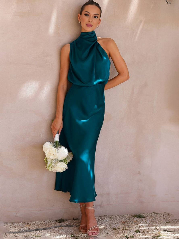 Drune | Lange Satin Brautjungfernkleid Unregelmäßiger Rollkragen Halsband Ärmless Elegant Abendkleid für Hochzeit