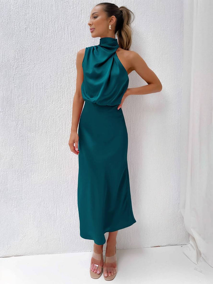 Drune | Lange Satin Brautjungfernkleid Unregelmäßiger Rollkragen Halsband Ärmless Elegant Abendkleid für Hochzeit