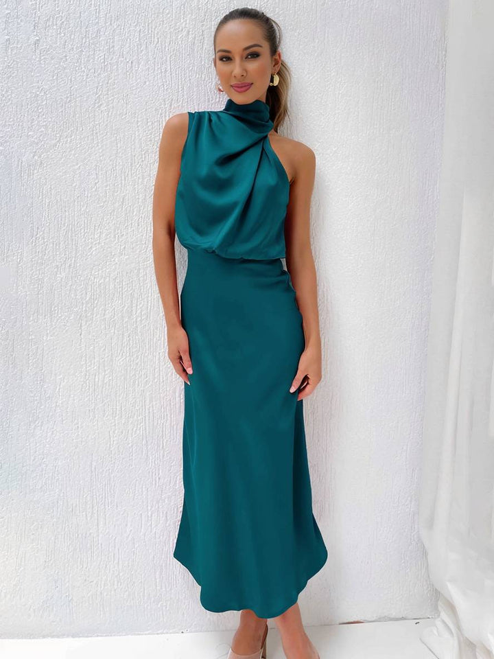 Drune | Lange Satin Brautjungfernkleid Unregelmäßiger Rollkragen Halsband Ärmless Elegant Abendkleid für Hochzeit