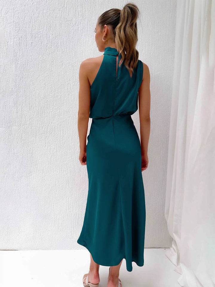 Drune | Lange Satin Brautjungfernkleid Unregelmäßiger Rollkragen Halsband Ärmless Elegant Abendkleid für Hochzeit