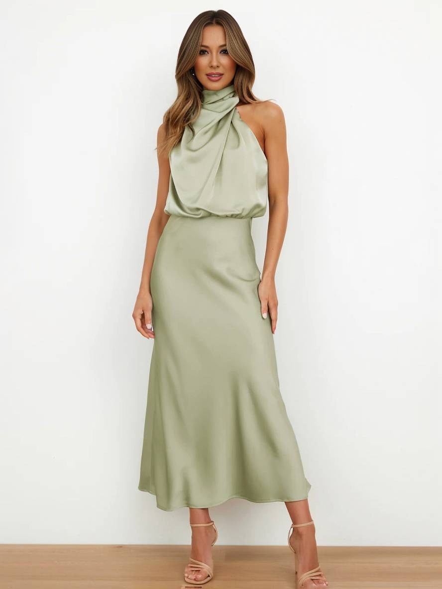 Drune | Lange Satin Brautjungfernkleid Unregelmäßiger Rollkragen Halsband Ärmless Elegant Abendkleid für Hochzeit