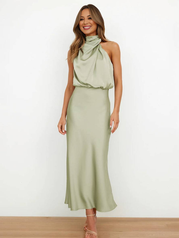 Drune | Lange Satin Brautjungfernkleid Unregelmäßiger Rollkragen Halsband Ärmless Elegant Abendkleid für Hochzeit