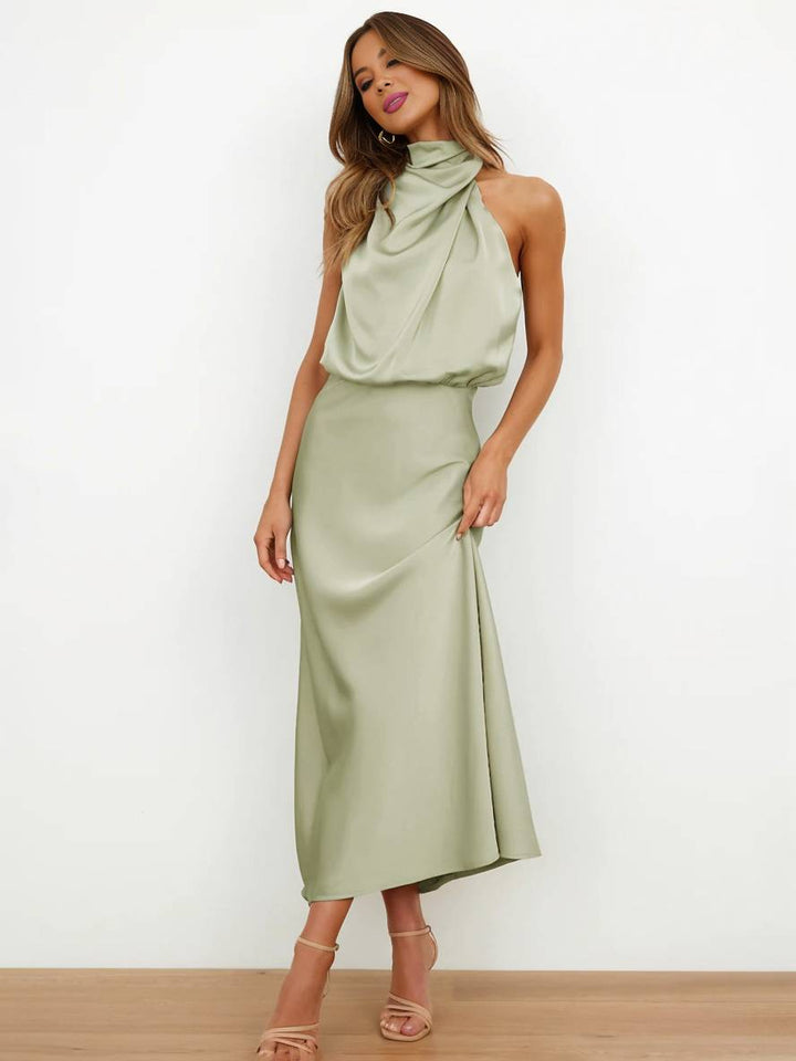 Drune | Lange Satin Brautjungfernkleid Unregelmäßiger Rollkragen Halsband Ärmless Elegant Abendkleid für Hochzeit