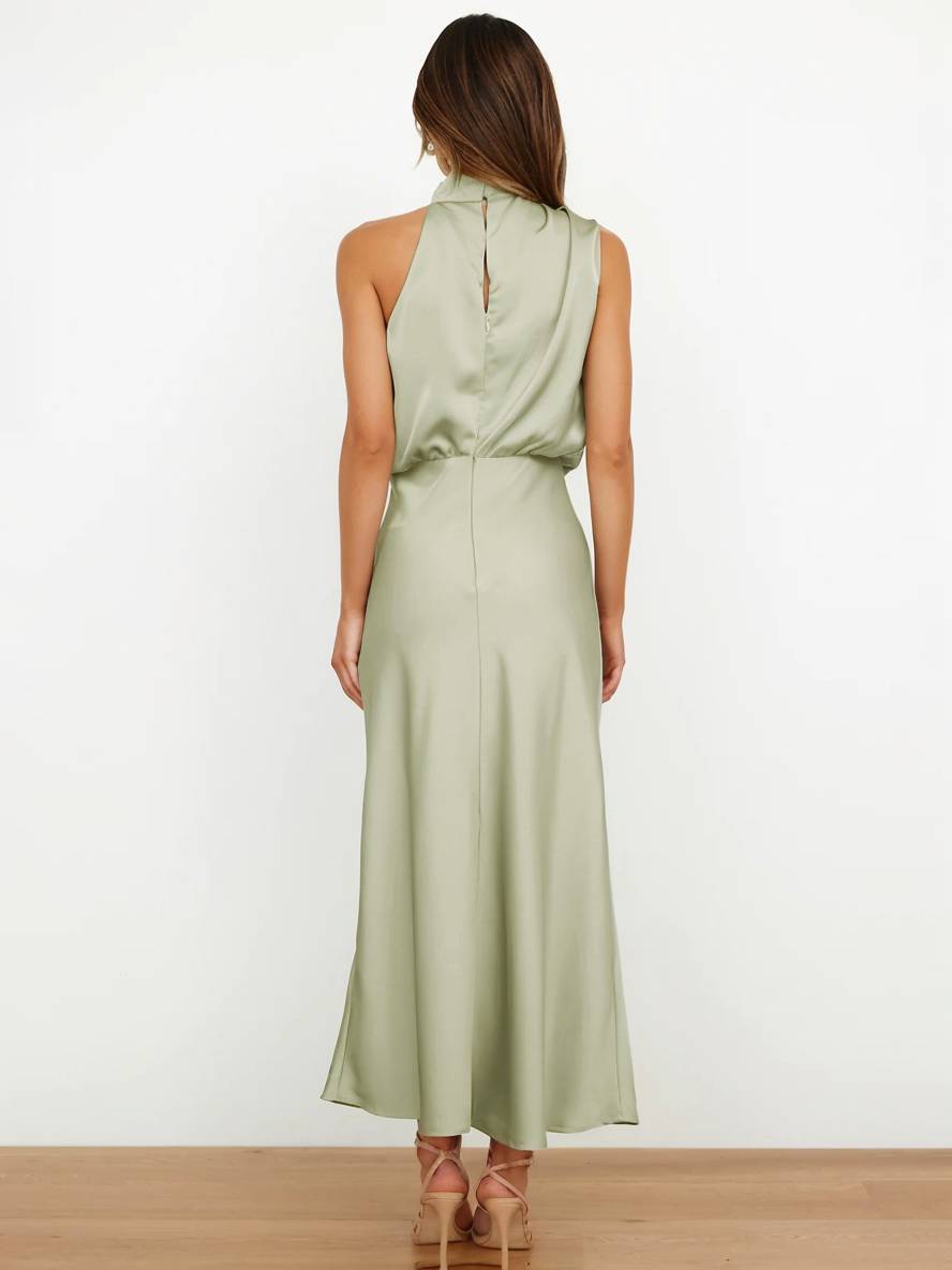 Drune | Lange Satin Brautjungfernkleid Unregelmäßiger Rollkragen Halsband Ärmless Elegant Abendkleid für Hochzeit