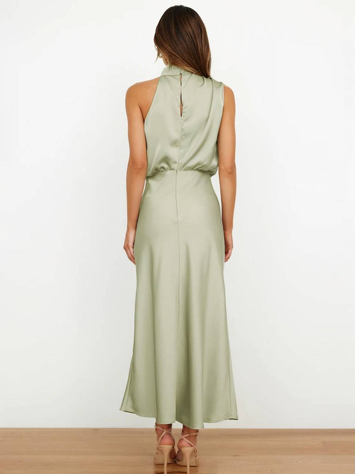 Drune | Lange Satin Brautjungfernkleid Unregelmäßiger Rollkragen Halsband Ärmless Elegant Abendkleid für Hochzeit