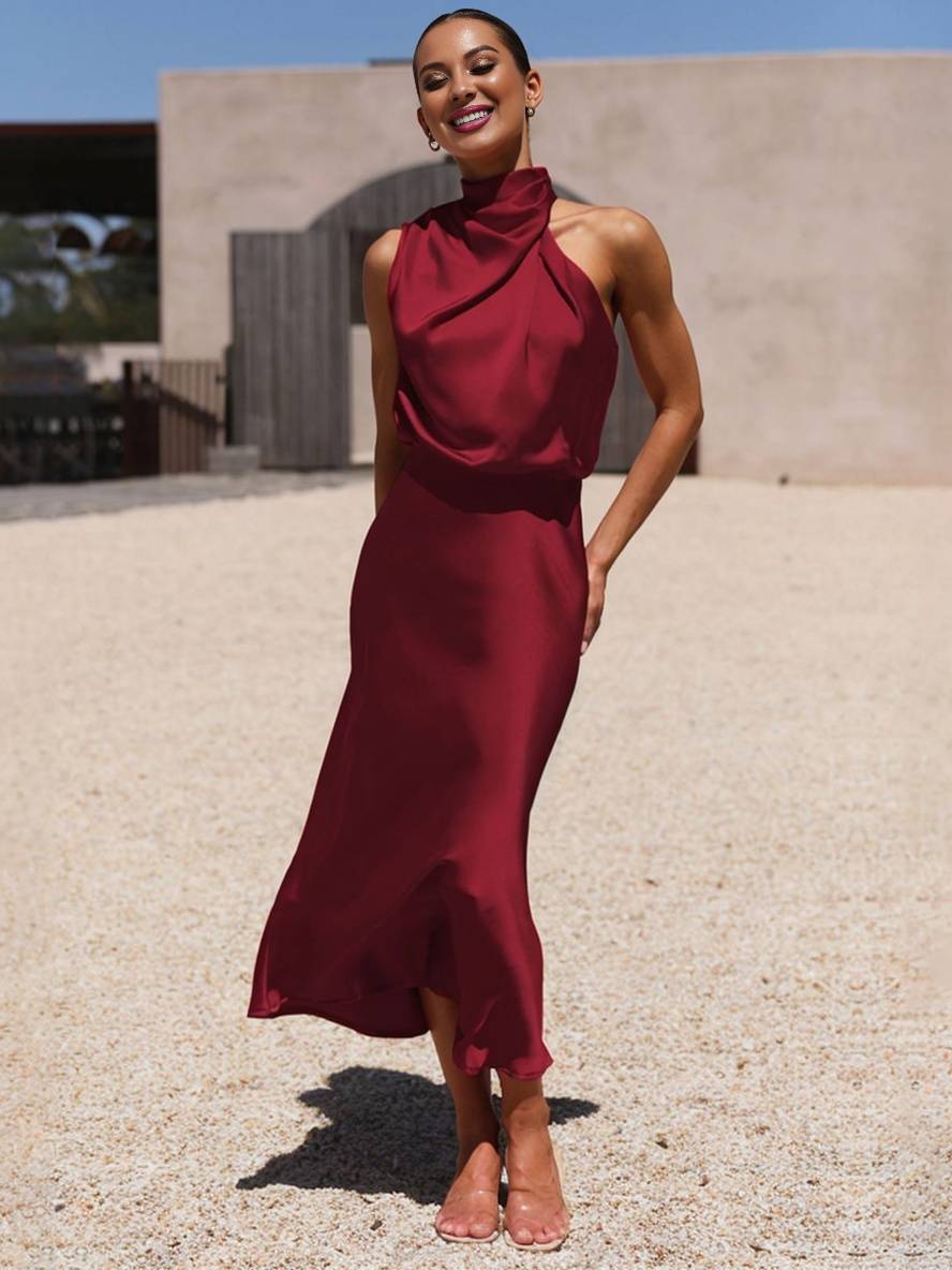 Drune | Lange Satin Brautjungfernkleid Unregelmäßiger Rollkragen Halsband Ärmless Elegant Abendkleid für Hochzeit