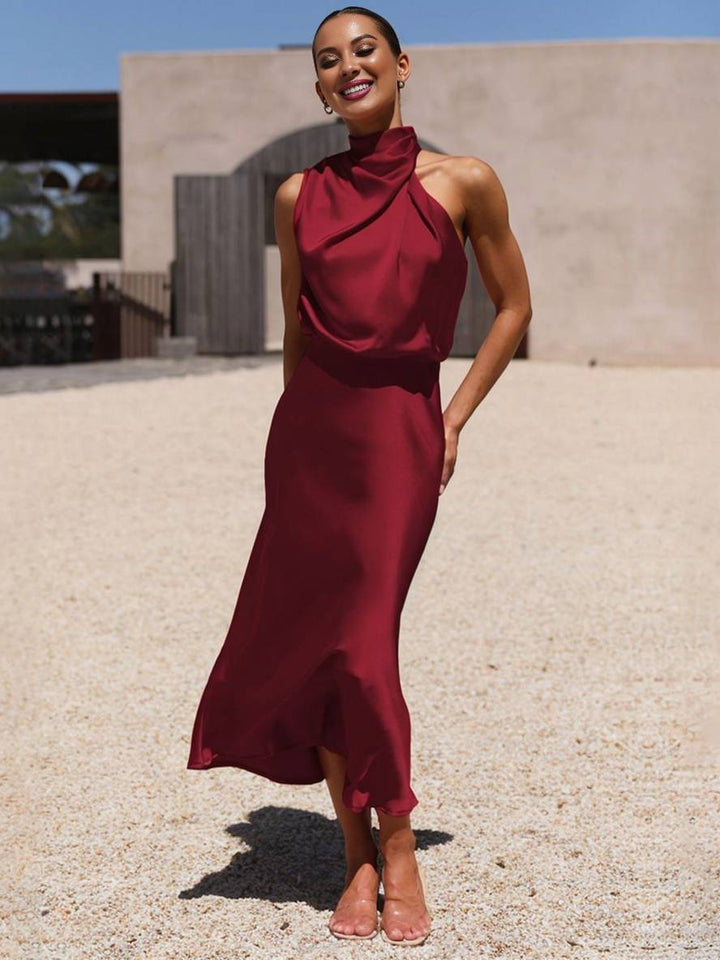 Drune | Lange Satin Brautjungfernkleid Unregelmäßiger Rollkragen Halsband Ärmless Elegant Abendkleid für Hochzeit