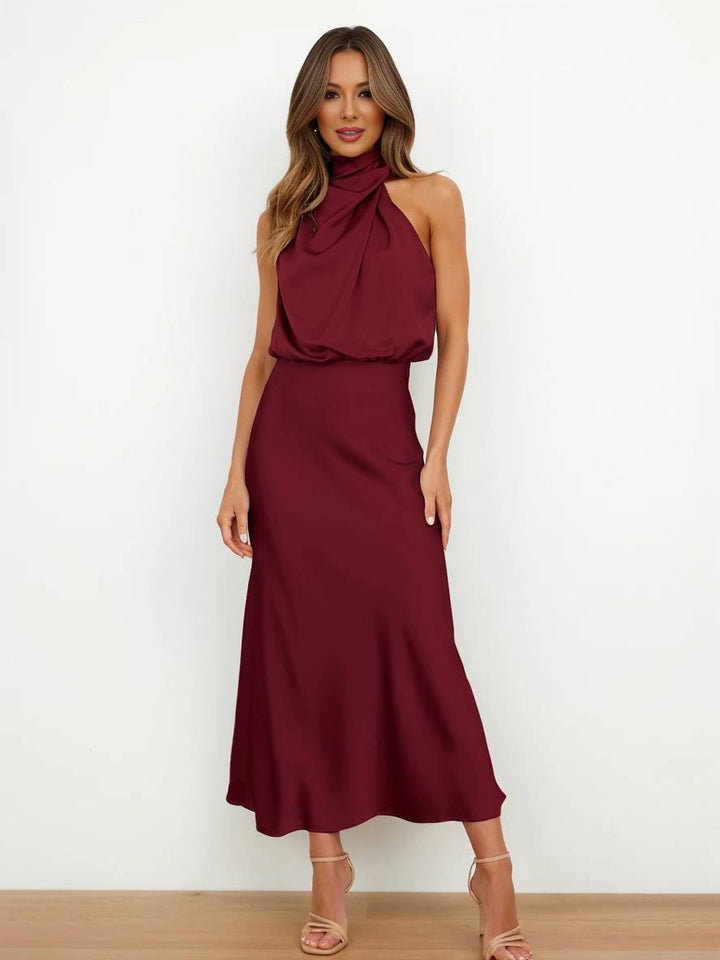 Drune | Lange Satin Brautjungfernkleid Unregelmäßiger Rollkragen Halsband Ärmless Elegant Abendkleid für Hochzeit