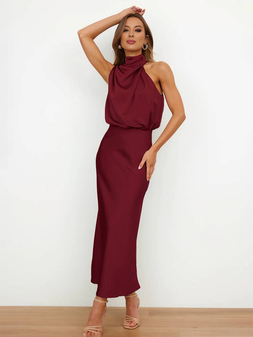 Drune | Lange Satin Brautjungfernkleid Unregelmäßiger Rollkragen Halsband Ärmless Elegant Abendkleid für Hochzeit