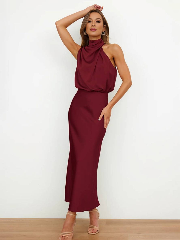 Drune | Lange Satin Brautjungfernkleid Unregelmäßiger Rollkragen Halsband Ärmless Elegant Abendkleid für Hochzeit