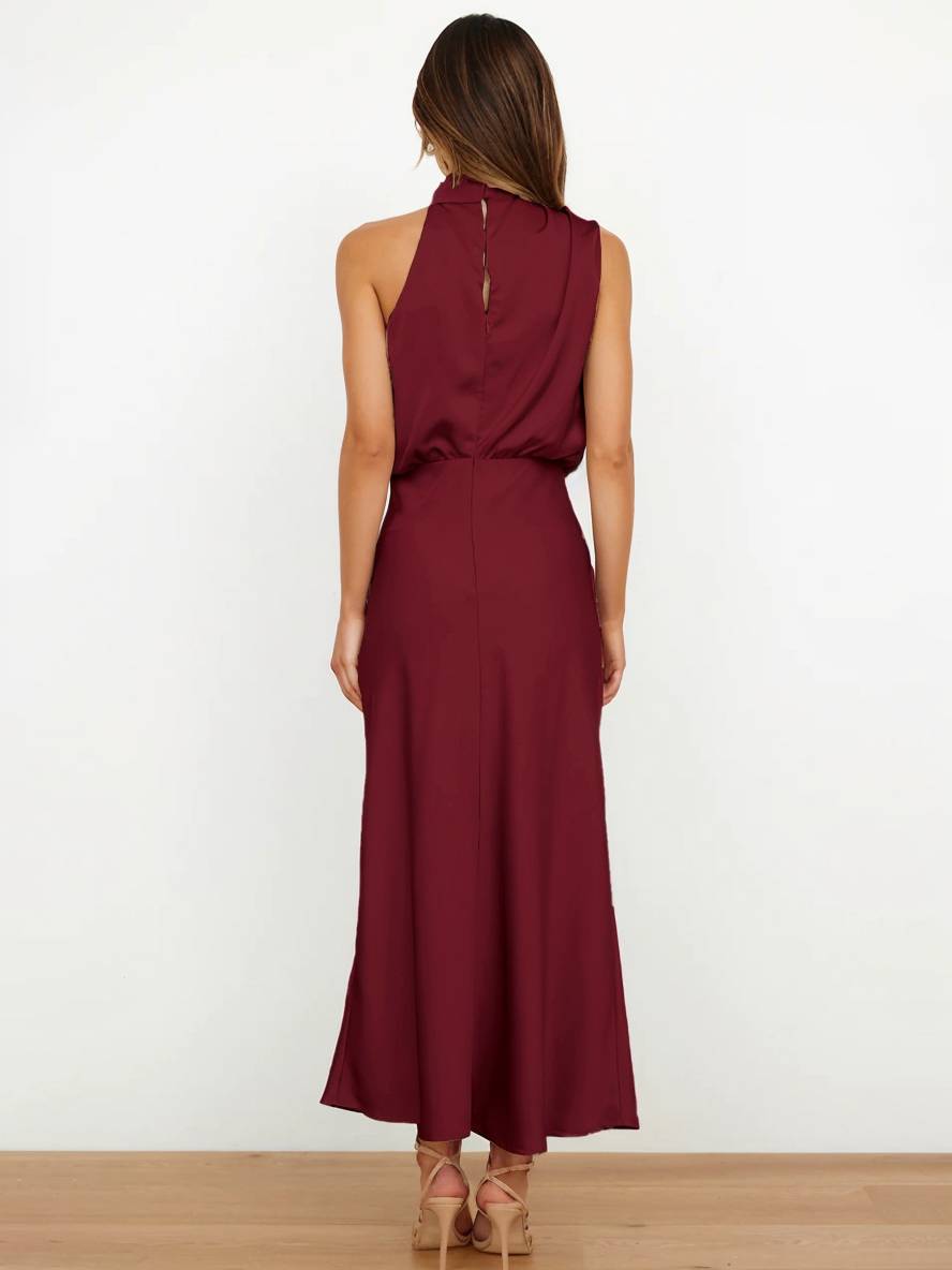 Drune | Lange Satin Brautjungfernkleid Unregelmäßiger Rollkragen Halsband Ärmless Elegant Abendkleid für Hochzeit