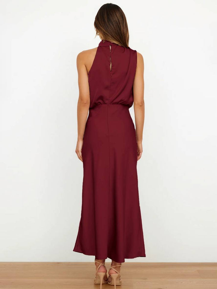 Drune | Lange Satin Brautjungfernkleid Unregelmäßiger Rollkragen Halsband Ärmless Elegant Abendkleid für Hochzeit