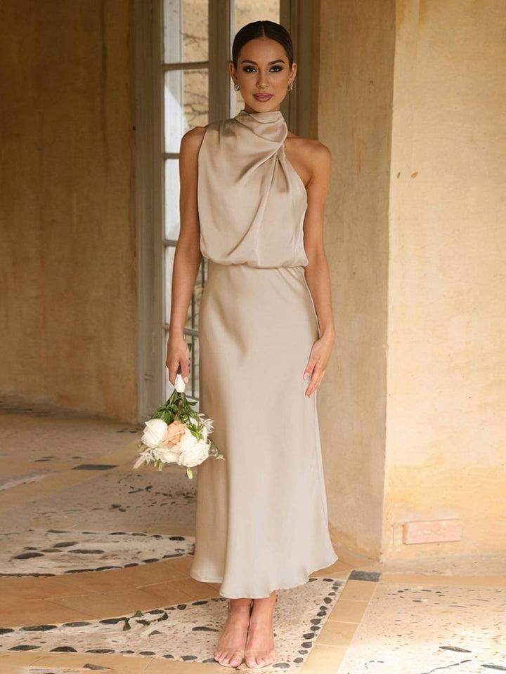 Drune | Lange Satin Brautjungfernkleid Unregelmäßiger Rollkragen Halsband Ärmless Elegant Abendkleid für Hochzeit
