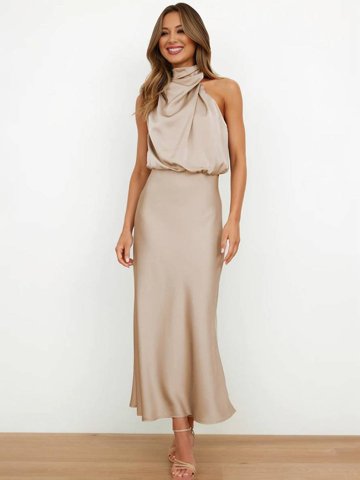 Drune | Lange Satin Brautjungfernkleid Unregelmäßiger Rollkragen Halsband Ärmless Elegant Abendkleid für Hochzeit