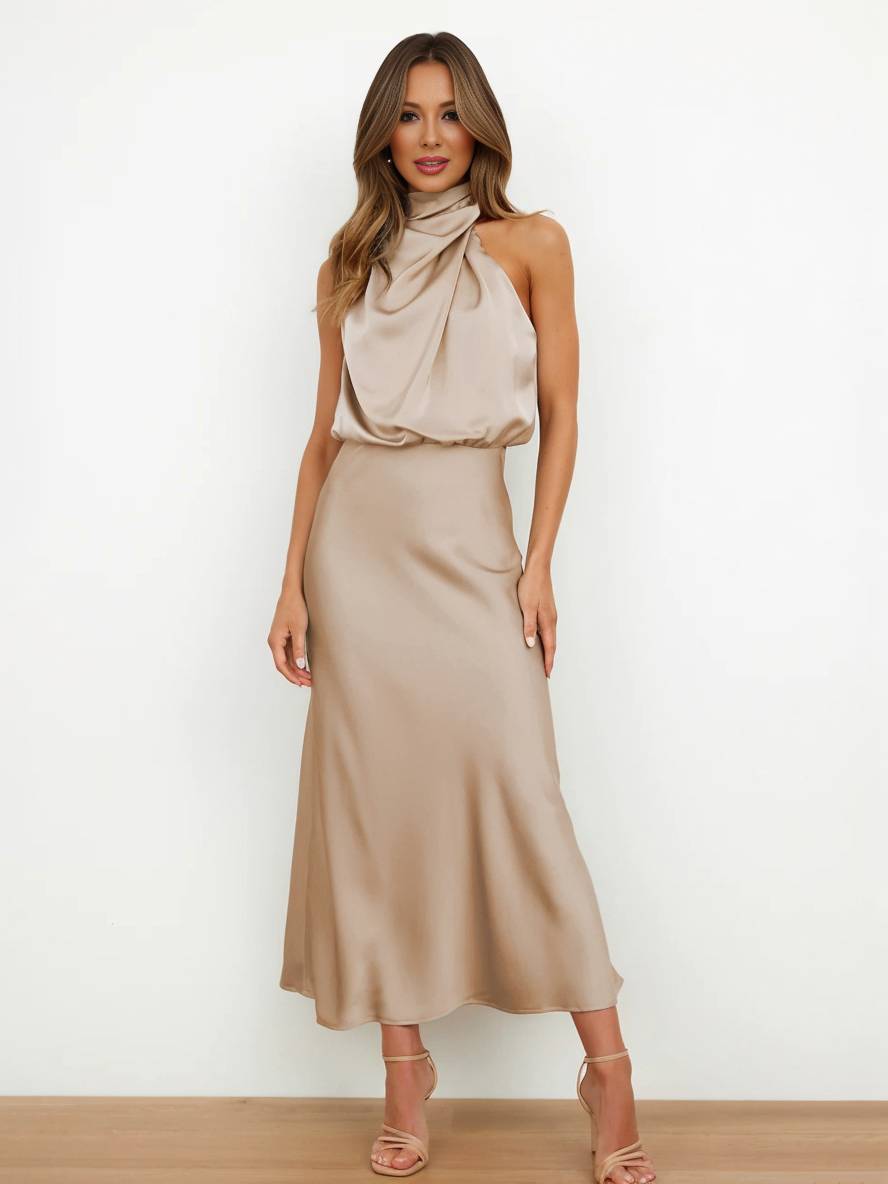 Drune | Lange Satin Brautjungfernkleid Unregelmäßiger Rollkragen Halsband Ärmless Elegant Abendkleid für Hochzeit