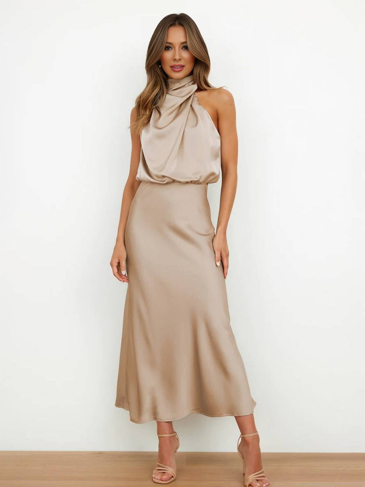 Drune | Lange Satin Brautjungfernkleid Unregelmäßiger Rollkragen Halsband Ärmless Elegant Abendkleid für Hochzeit