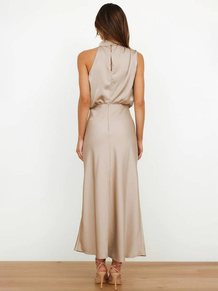 Drune | Lange Satin Brautjungfernkleid Unregelmäßiger Rollkragen Halsband Ärmless Elegant Abendkleid für Hochzeit