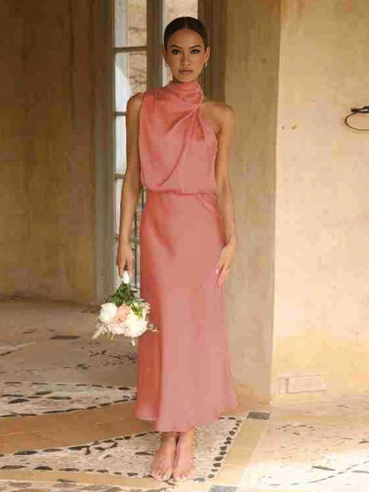Drune | Lange Satin Brautjungfernkleid Unregelmäßiger Rollkragen Halsband Ärmless Elegant Abendkleid für Hochzeit