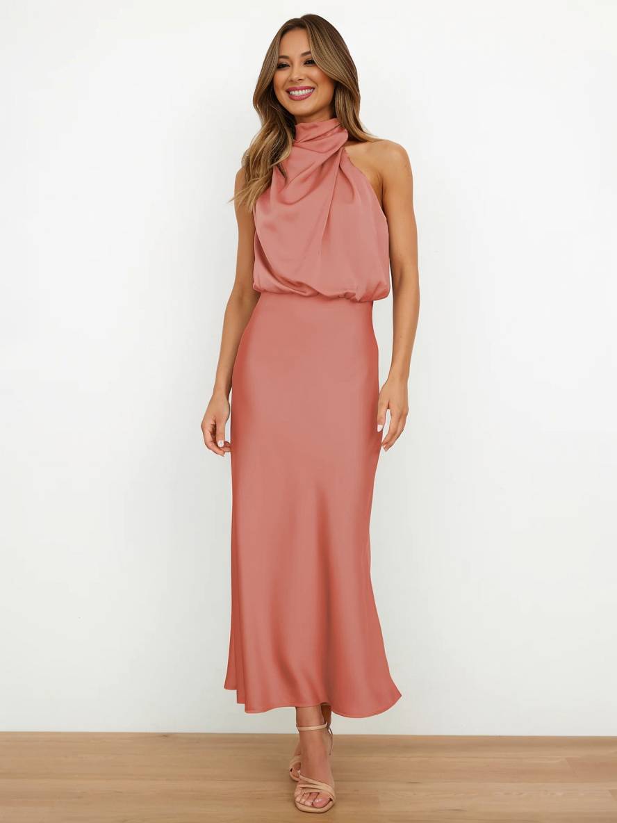 Drune | Lange Satin Brautjungfernkleid Unregelmäßiger Rollkragen Halsband Ärmless Elegant Abendkleid für Hochzeit