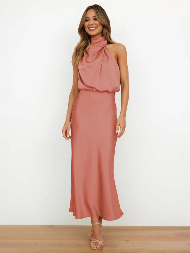 Drune | Lange Satin Brautjungfernkleid Unregelmäßiger Rollkragen Halsband Ärmless Elegant Abendkleid für Hochzeit