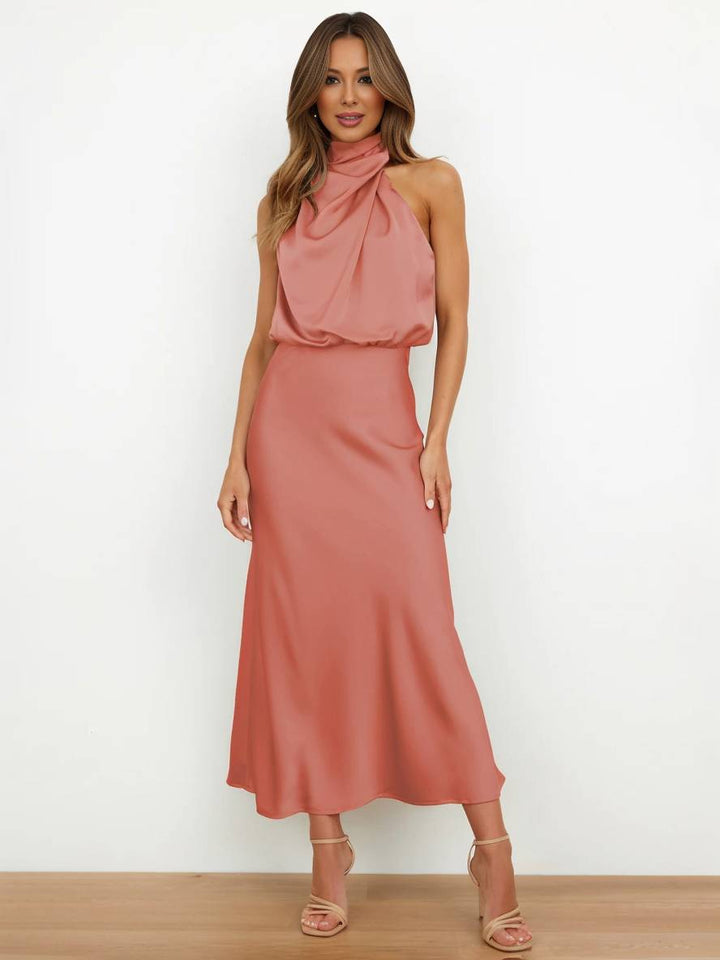 Drune | Lange Satin Brautjungfernkleid Unregelmäßiger Rollkragen Halsband Ärmless Elegant Abendkleid für Hochzeit