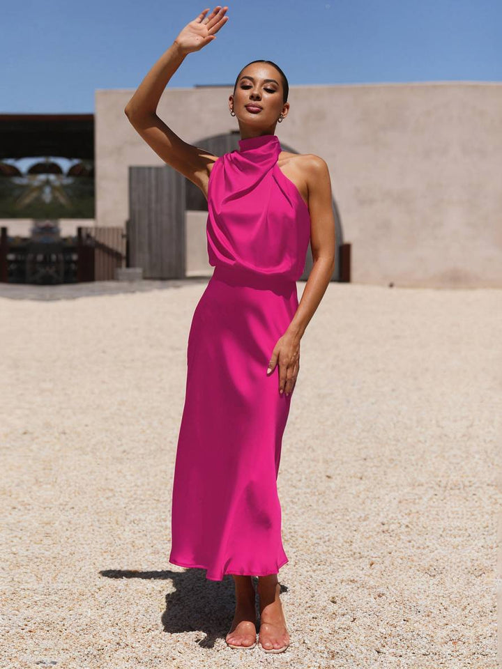 Drune | Lange Satin Brautjungfernkleid Unregelmäßiger Rollkragen Halsband Ärmless Elegant Abendkleid für Hochzeit