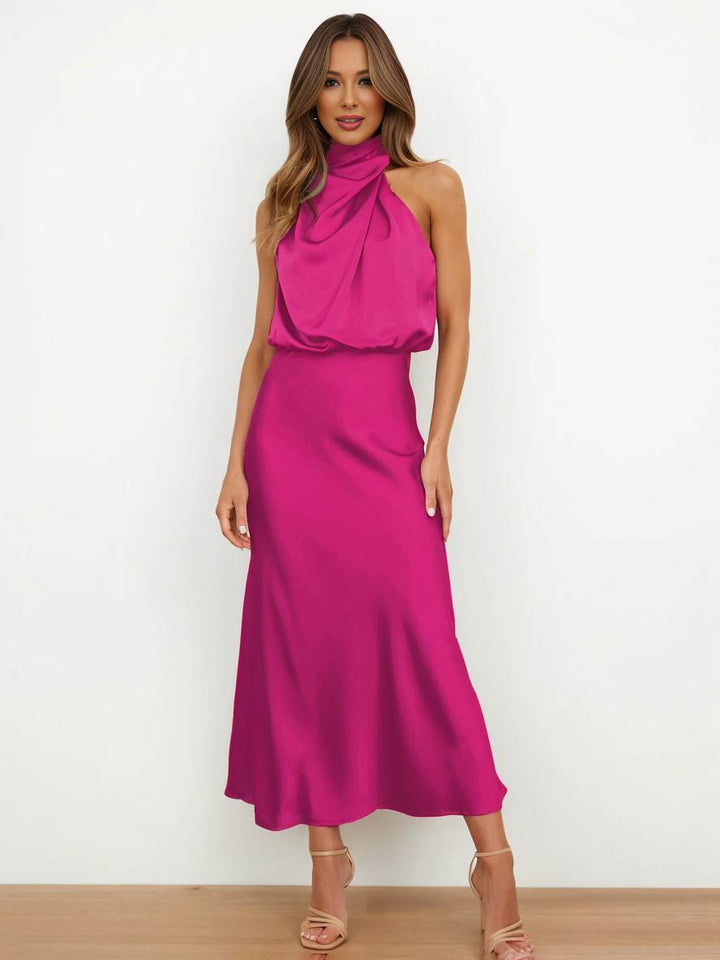 Drune | Lange Satin Brautjungfernkleid Unregelmäßiger Rollkragen Halsband Ärmless Elegant Abendkleid für Hochzeit