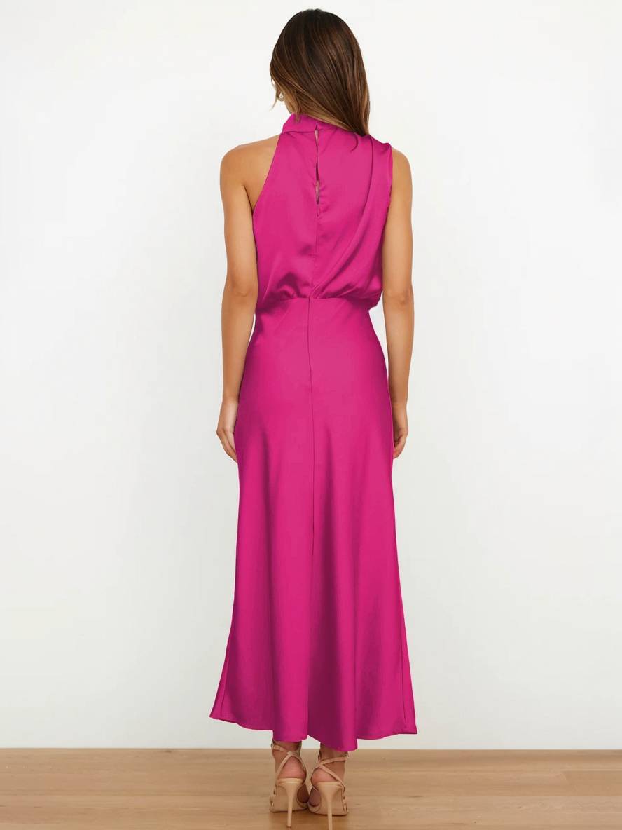 Drune | Lange Satin Brautjungfernkleid Unregelmäßiger Rollkragen Halsband Ärmless Elegant Abendkleid für Hochzeit