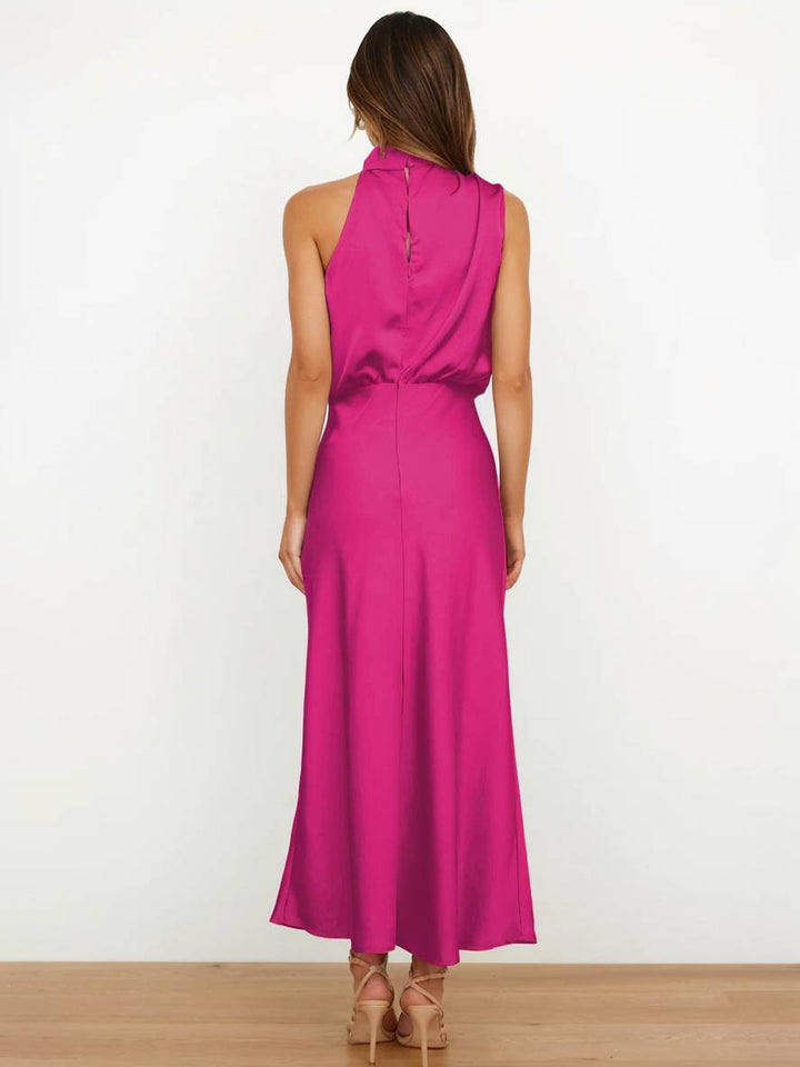 Drune | Lange Satin Brautjungfernkleid Unregelmäßiger Rollkragen Halsband Ärmless Elegant Abendkleid für Hochzeit