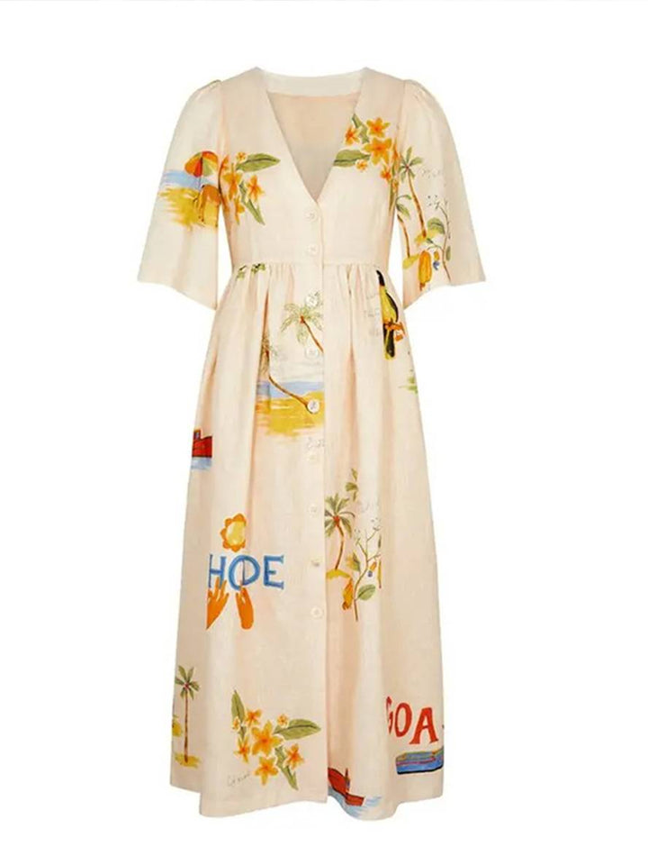 Drune | Langes Kleid aus Einzigartigem Bedrucktem Leinen V-Ausschnitt Knopfleiste Puffärmel Kurzärmlig Damen Lässig Locker Sommer Casual