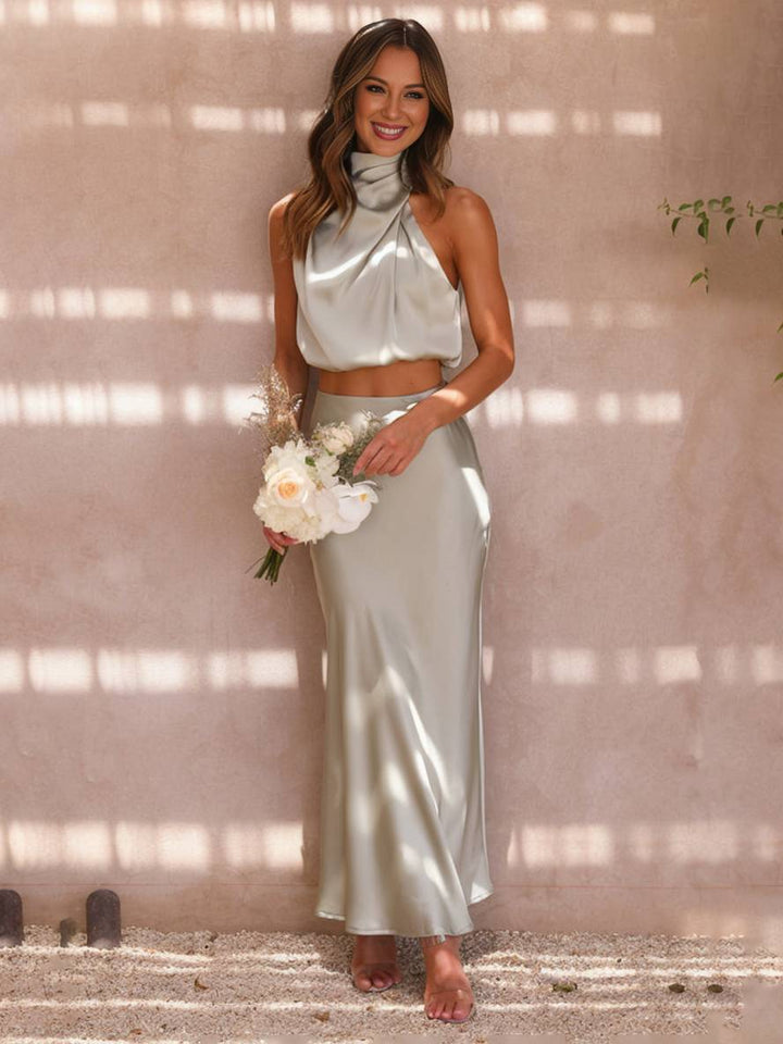 Drune | Kleid Gäste Hochzeit Damen Halter Ärmellos Damen Elegante Abend Zweiteilige Brautjungfernkleid