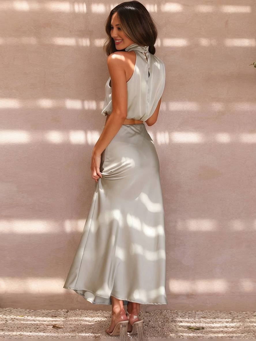 Drune | Kleid Gäste Hochzeit Damen Halter Ärmellos Damen Elegante Abend Zweiteilige Brautjungfernkleid