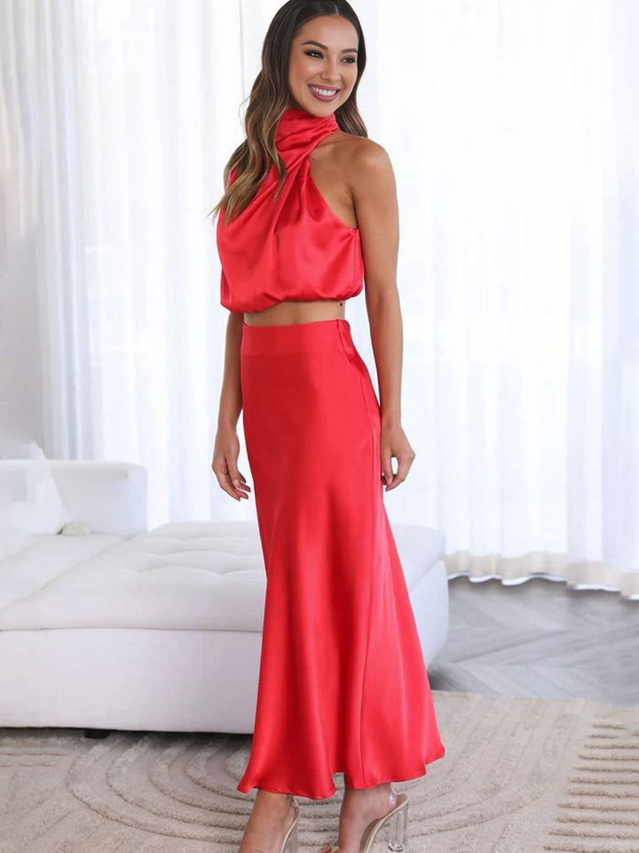 Drune | Kleid Gäste Hochzeit Damen Halter Ärmellos Damen Elegante Abend Zweiteilige Brautjungfernkleid