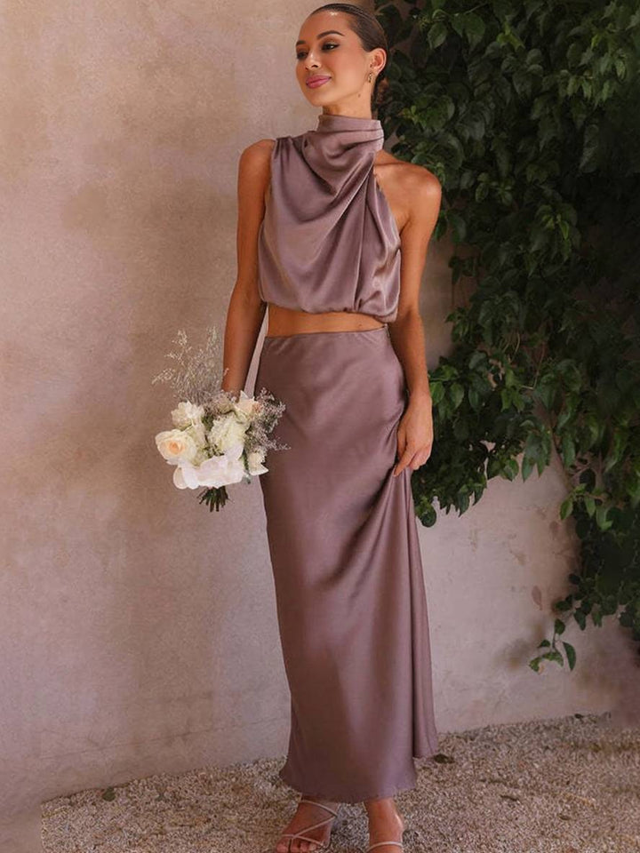 Drune | Kleid Gäste Hochzeit Damen Halter Ärmellos Damen Elegante Abend Zweiteilige Brautjungfernkleid