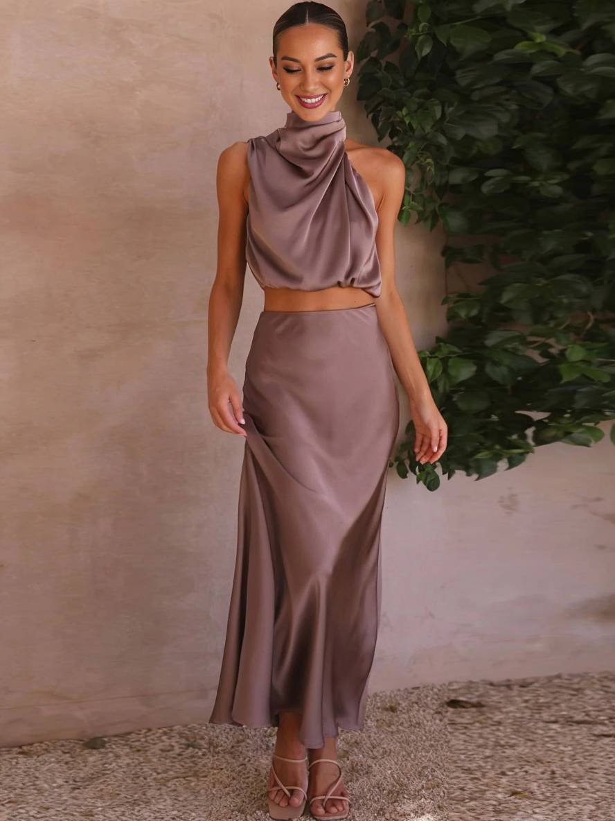 Drune | Kleid Gäste Hochzeit Damen Halter Ärmellos Damen Elegante Abend Zweiteilige Brautjungfernkleid