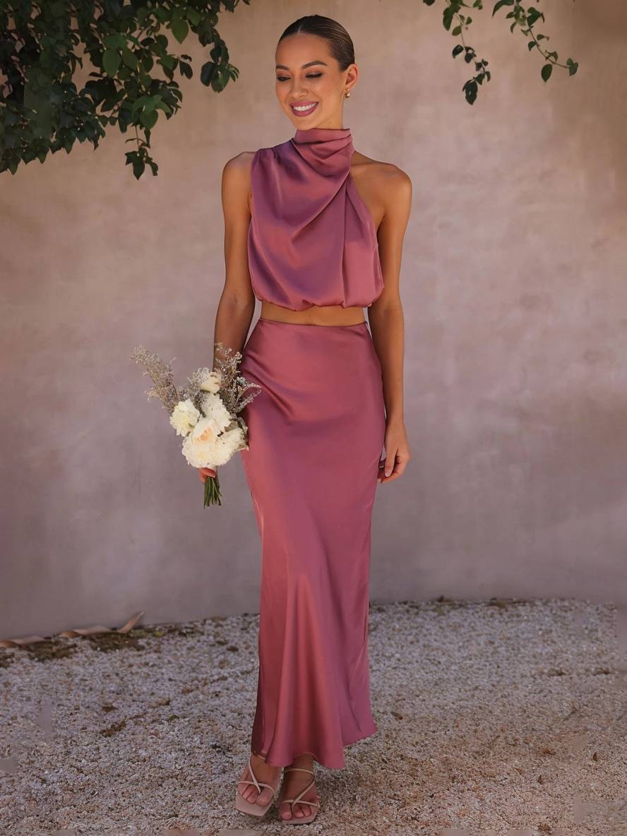 Drune | Kleid Gäste Hochzeit Damen Halter Ärmellos Damen Elegante Abend Zweiteilige Brautjungfernkleid