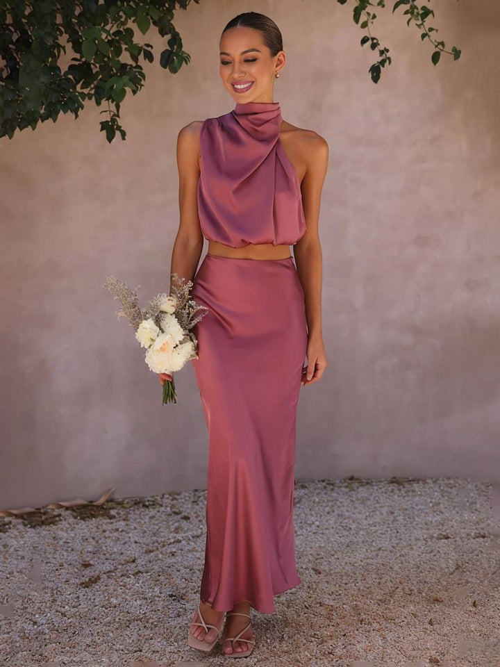 Drune | Kleid Gäste Hochzeit Damen Halter Ärmellos Damen Elegante Abend Zweiteilige Brautjungfernkleid