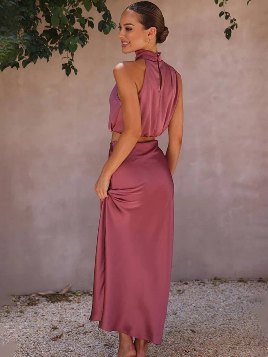 Drune | Kleid Gäste Hochzeit Damen Halter Ärmellos Damen Elegante Abend Zweiteilige Brautjungfernkleid