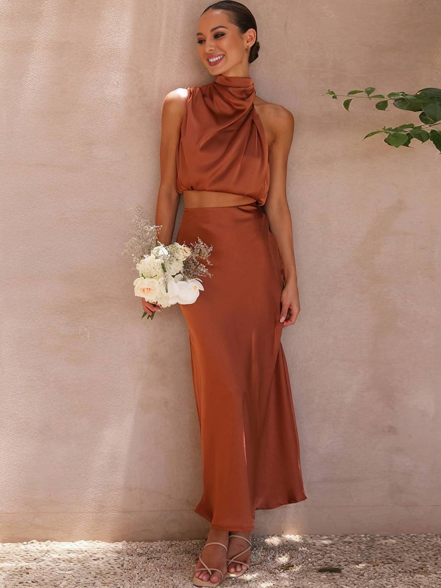Drune | Kleid Gäste Hochzeit Damen Halter Ärmellos Damen Elegante Abend Zweiteilige Brautjungfernkleid