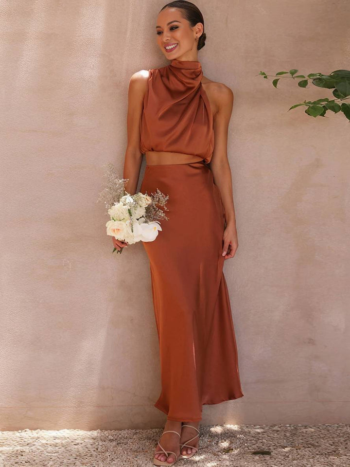 Drune | Kleid Gäste Hochzeit Damen Halter Ärmellos Damen Elegante Abend Zweiteilige Brautjungfernkleid