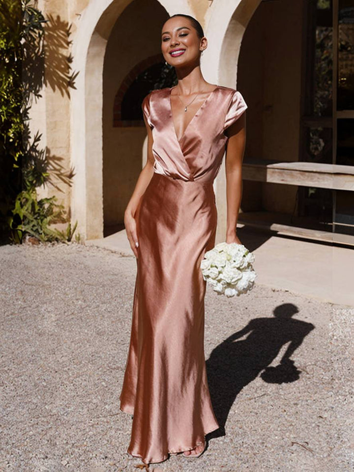 Drune | Satin Kleid Trauzeugin Passform Meerjungfrau V-Ausschnitt Cap Ärmel Elegantes Abendkleid für Hochzeit