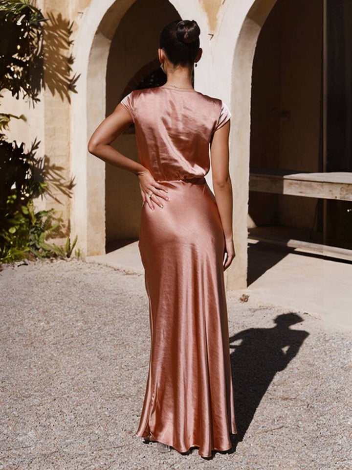 Drune | Satin Kleid Trauzeugin Passform Meerjungfrau V-Ausschnitt Cap Ärmel Elegantes Abendkleid für Hochzeit