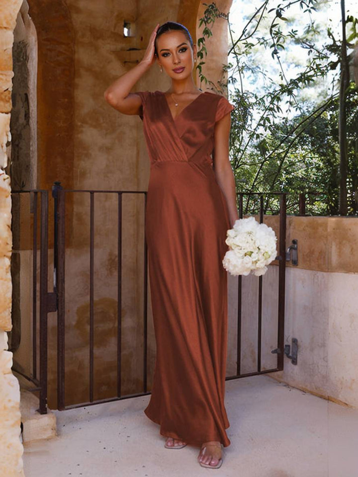 Drune | Satin Kleid Trauzeugin Passform Meerjungfrau V-Ausschnitt Cap Ärmel Elegantes Abendkleid für Hochzeit