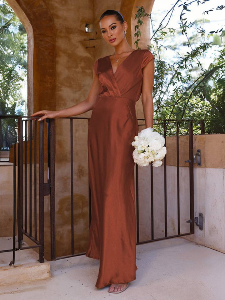 Drune | Satin Kleid Trauzeugin Passform Meerjungfrau V-Ausschnitt Cap Ärmel Elegantes Abendkleid für Hochzeit