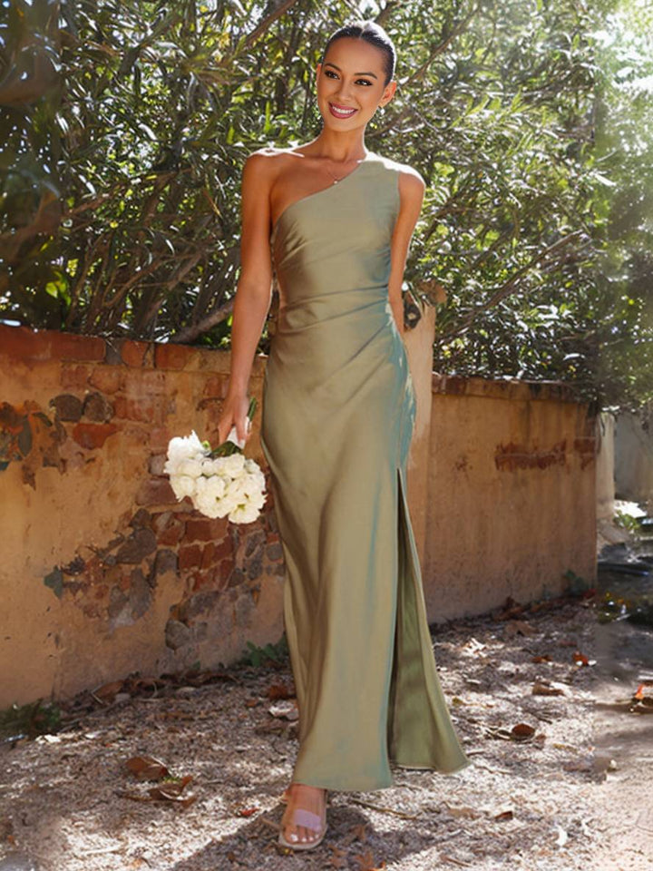 Drune | Kleid Brautjungfer aus Satin Eng mit Schlitz An Der Seite Eine Schulter Ohne Ärmel Elegantes Abendkleid für Hochzeit