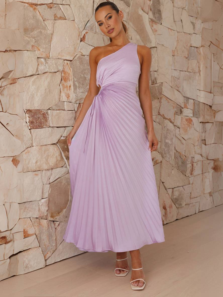 Drune | Langes Plissee Trapezkleid Ein Schulter Ohne Ärmel Damen Elegant Ball Prom Gast Hochzeit Cocktail