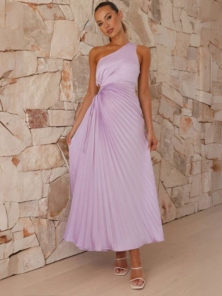 Drune | Langes Plissee Trapezkleid Ein Schulter Ohne Ärmel Damen Elegant Ball Prom Gast Hochzeit Cocktail