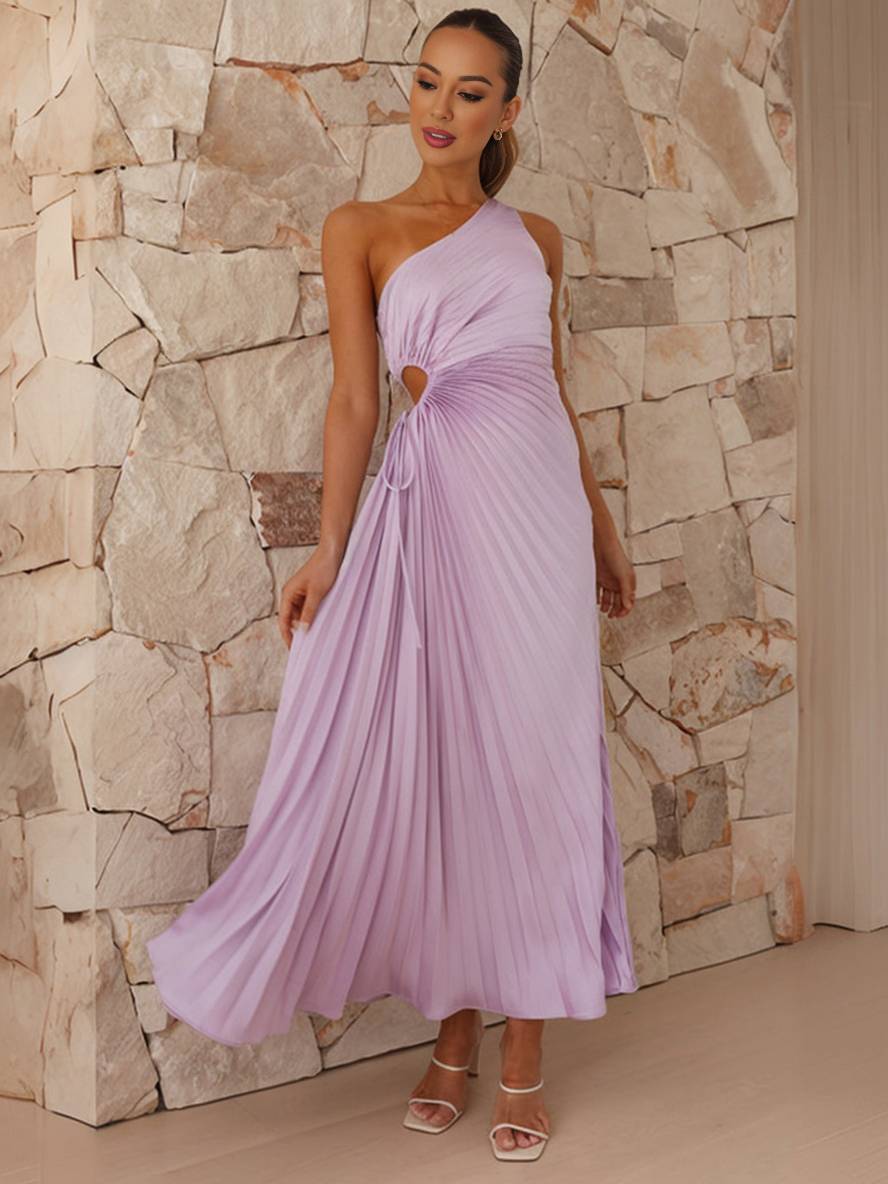 Drune | Langes Plissee Trapezkleid Ein Schulter Ohne Ärmel Damen Elegant Ball Prom Gast Hochzeit Cocktail