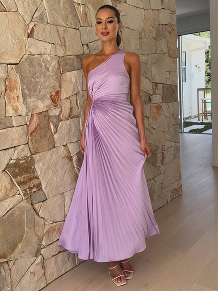 Drune | Langes Plissee Trapezkleid Ein Schulter Ohne Ärmel Damen Elegant Ball Prom Gast Hochzeit Cocktail